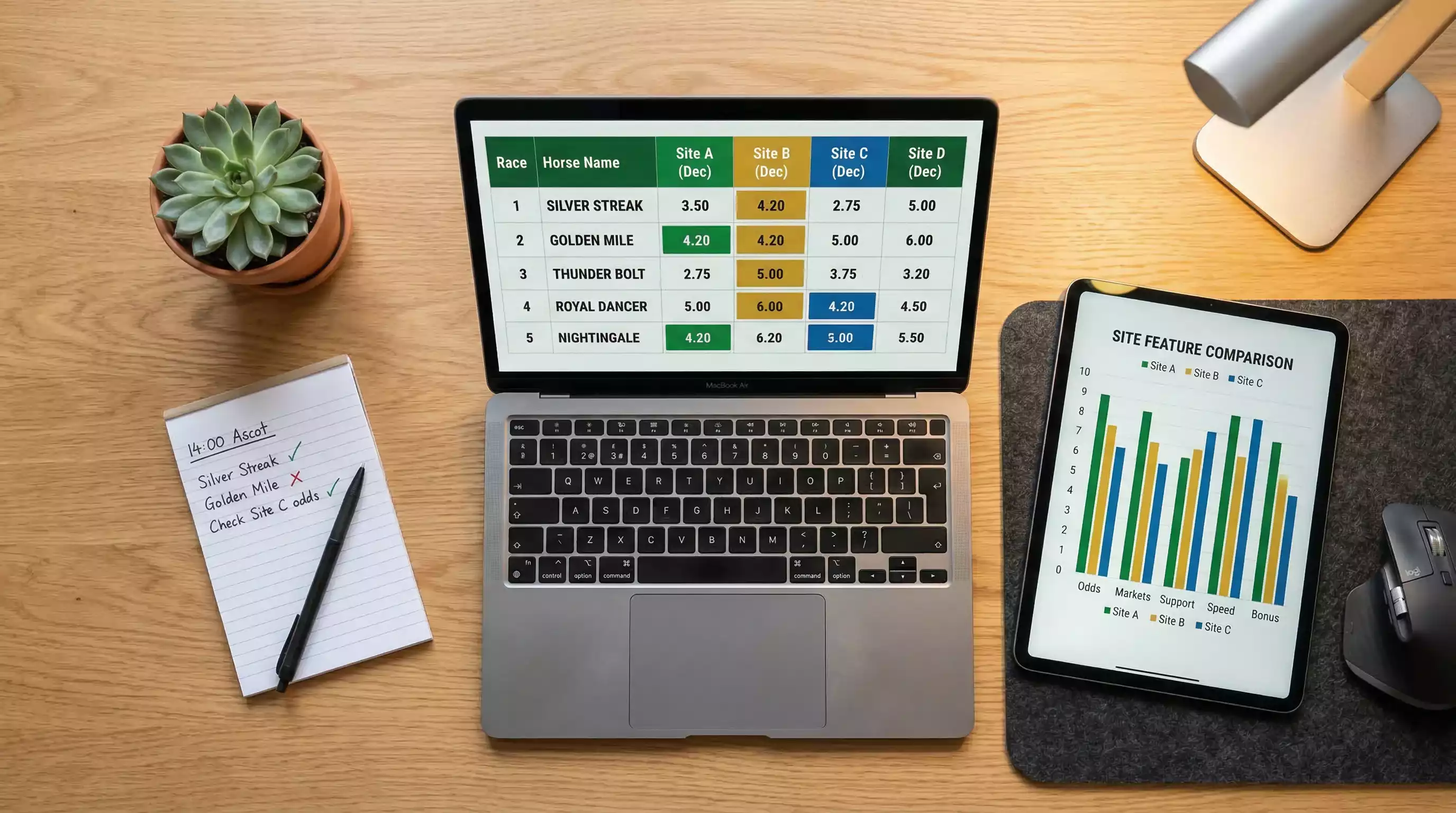 Laptop screen displaying odds comparison across UK horse racing betting sites