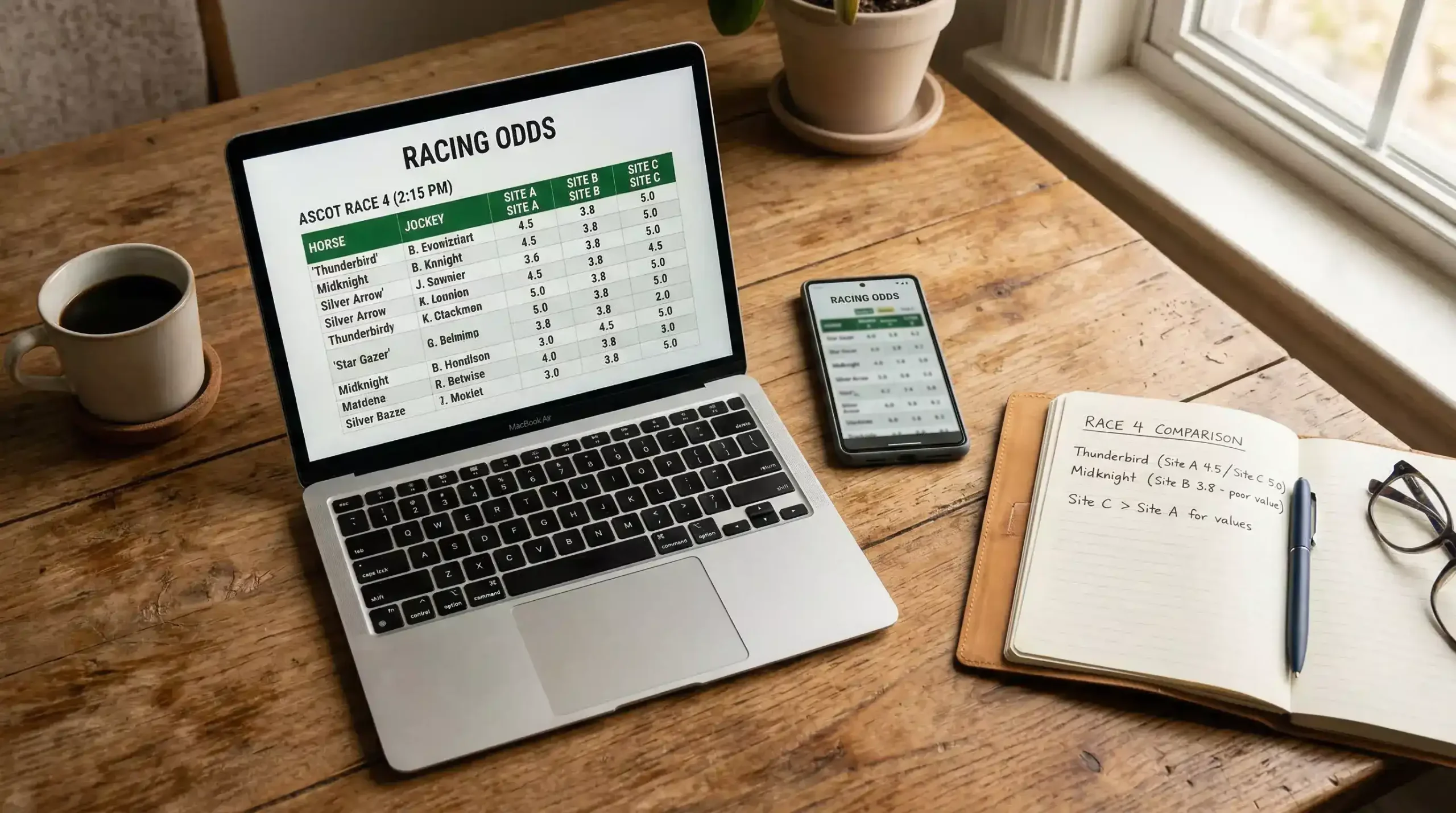 Best horse racing betting sites UK — a laptop and smartphone showing racing odds on a desk beside a notebook