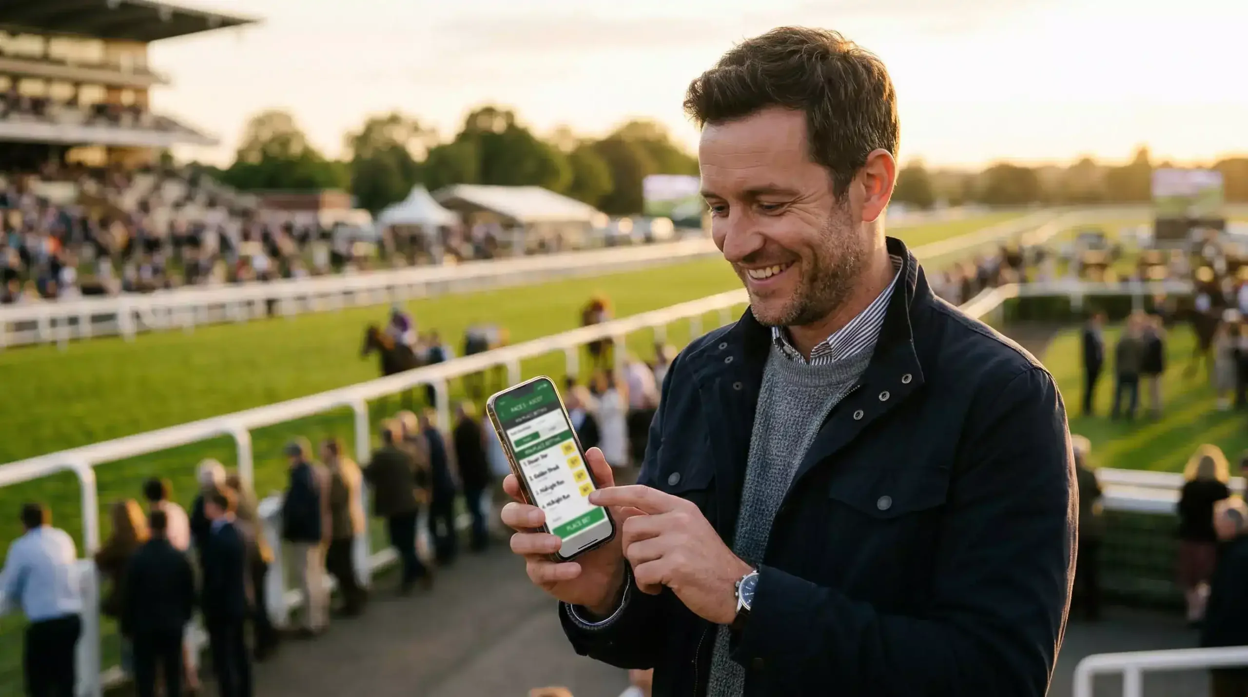 Smiling punter checking horse racing odds on a mobile phone at a sunlit racecourse