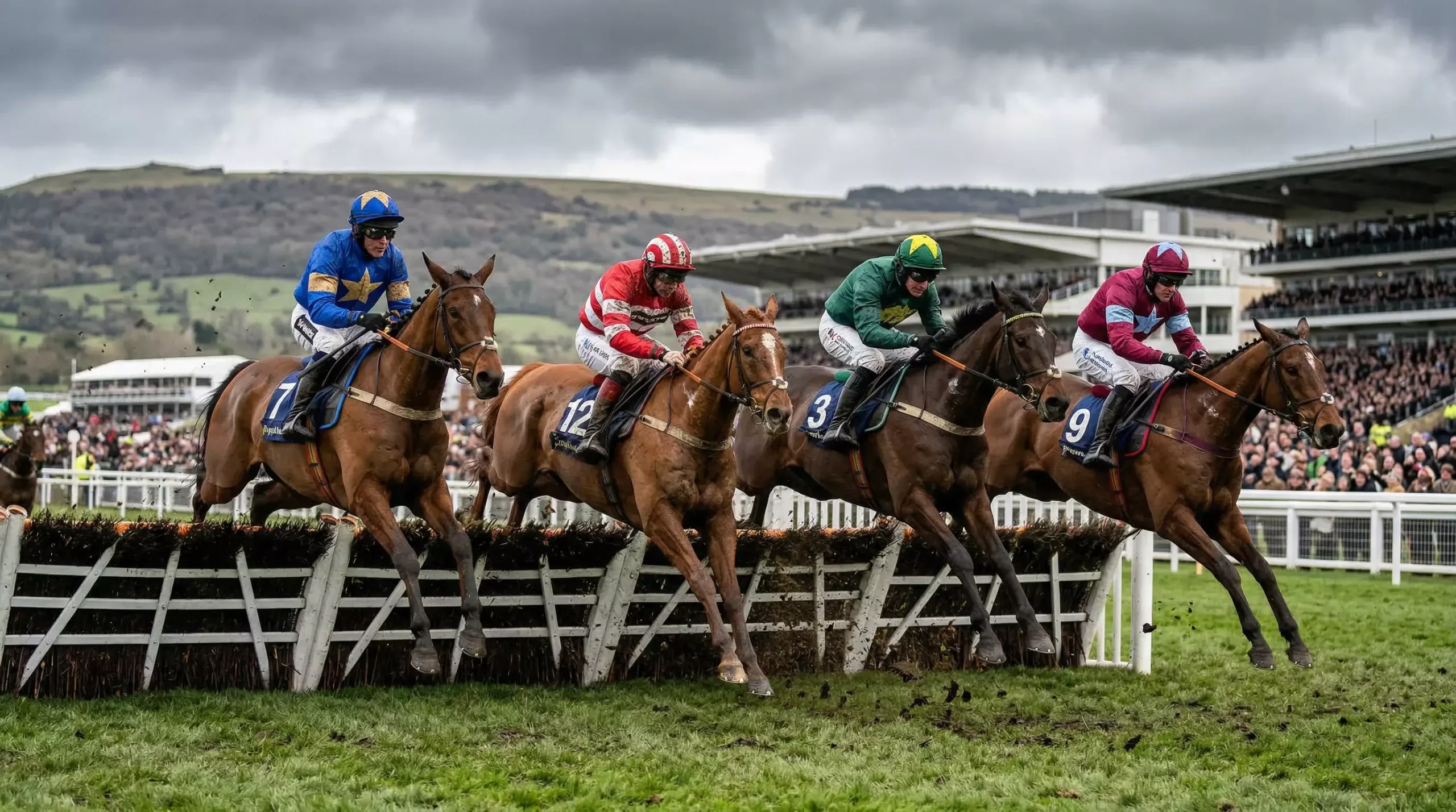 Horses jumping a hurdle at Cheltenham racecourse with the Cotswold hills in the background