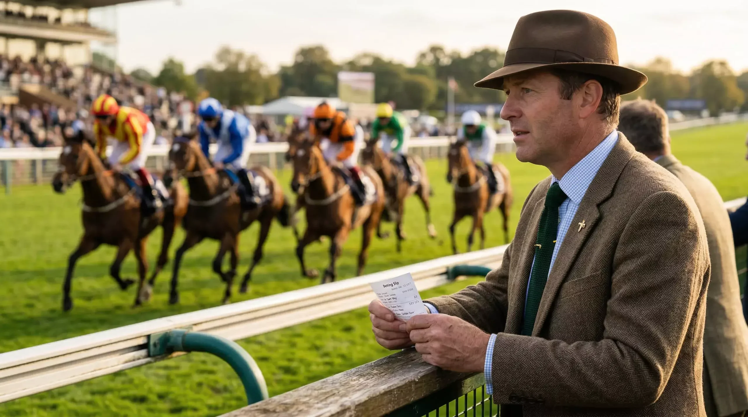 Racegoer holding a betting slip at a British racecourse with horses running in the background