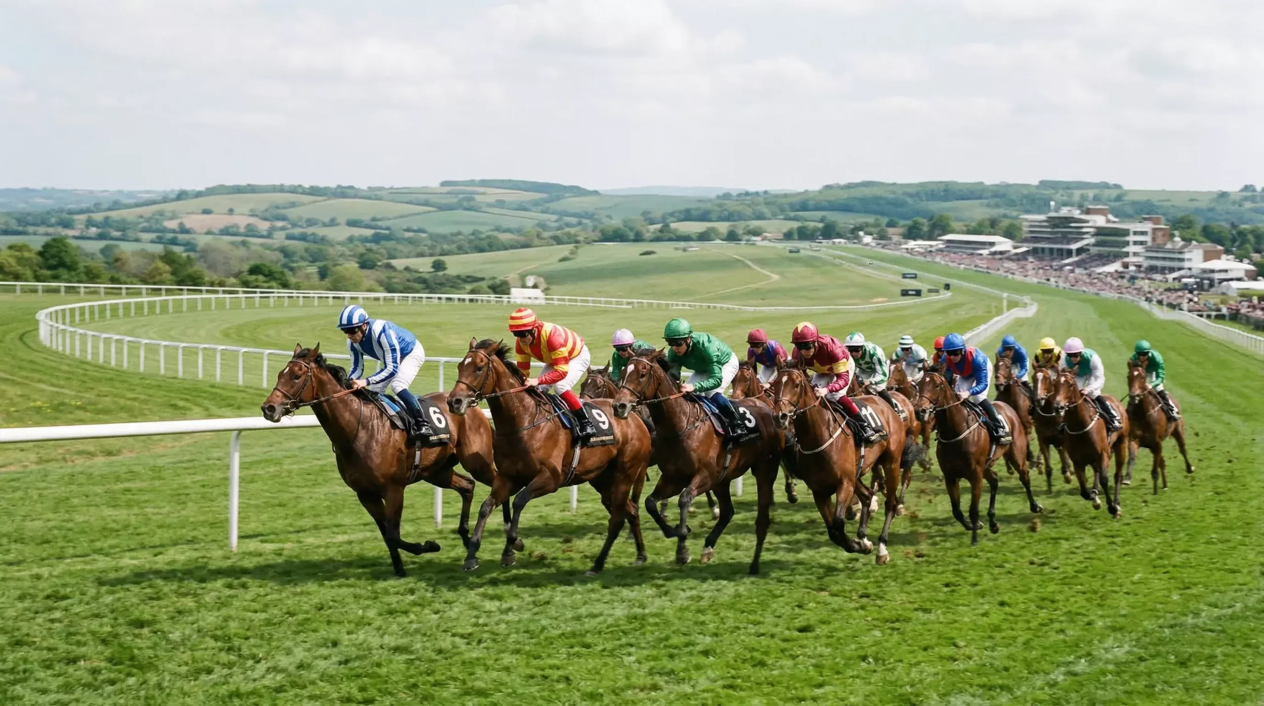 Thoroughbred horses rounding Tattenham Corner at Epsom Downs on Derby day