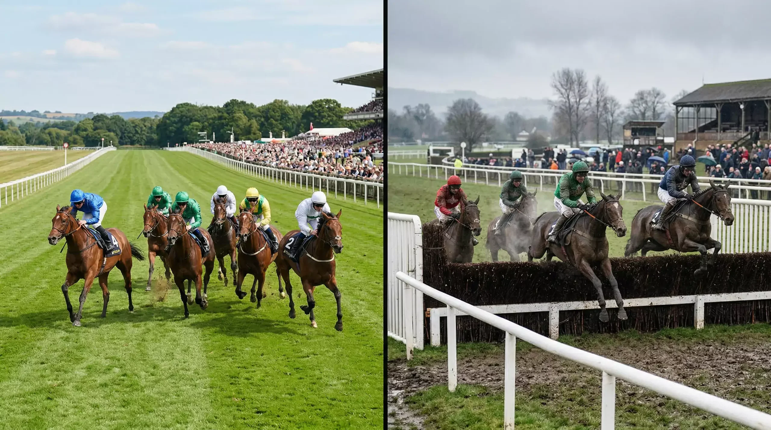 Split scene showing a flat race on turf and a steeplechase over fences at a British racecourse