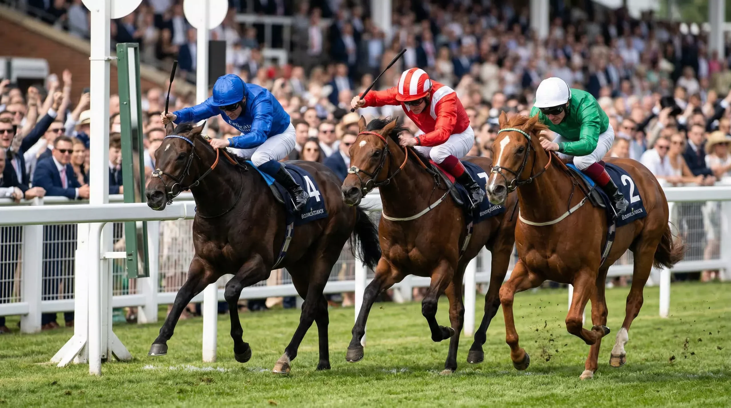 Three horses crossing the finish line in close order at a British flat racecourse