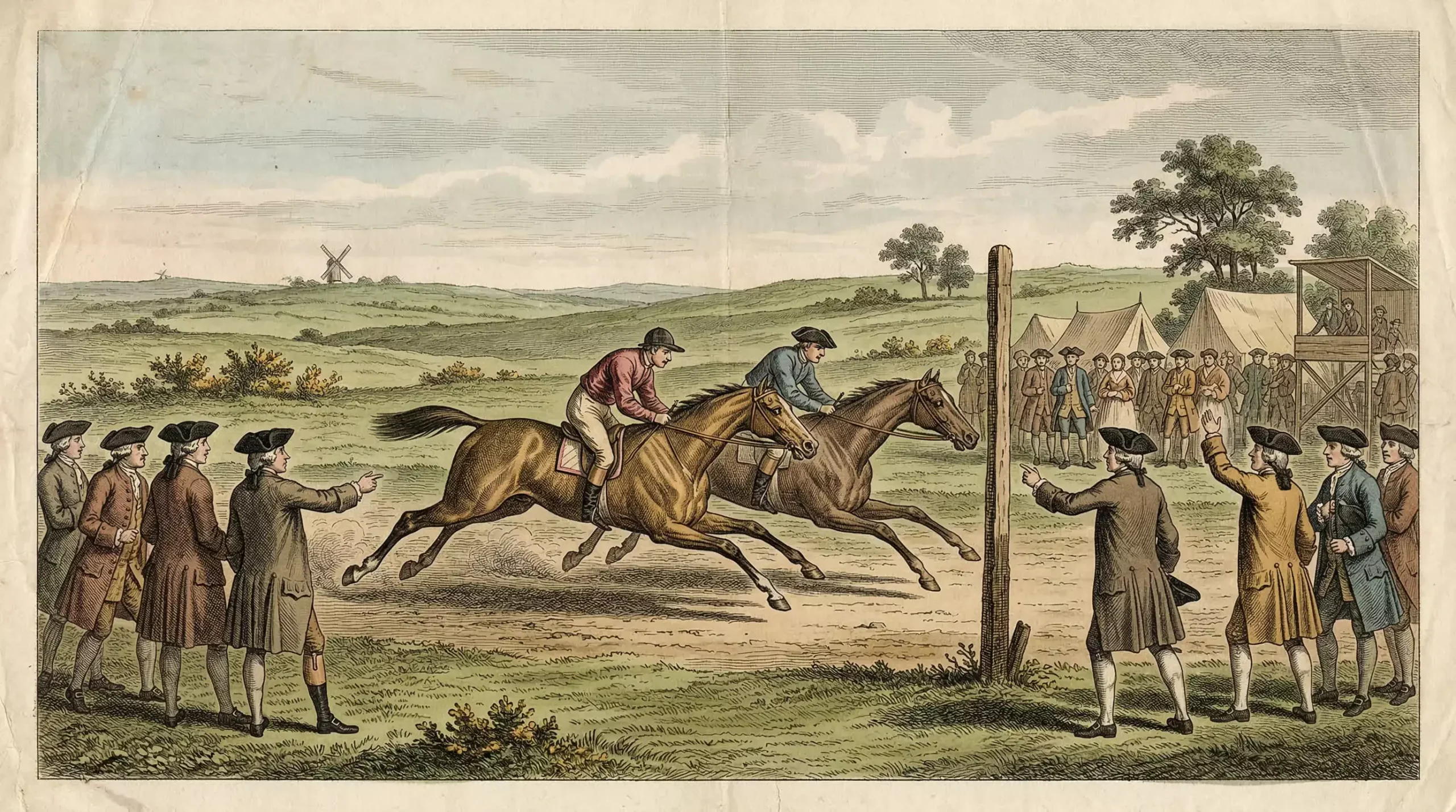 Historic engraving-style scene of an 18th-century horse race at Newmarket with spectators in period dress