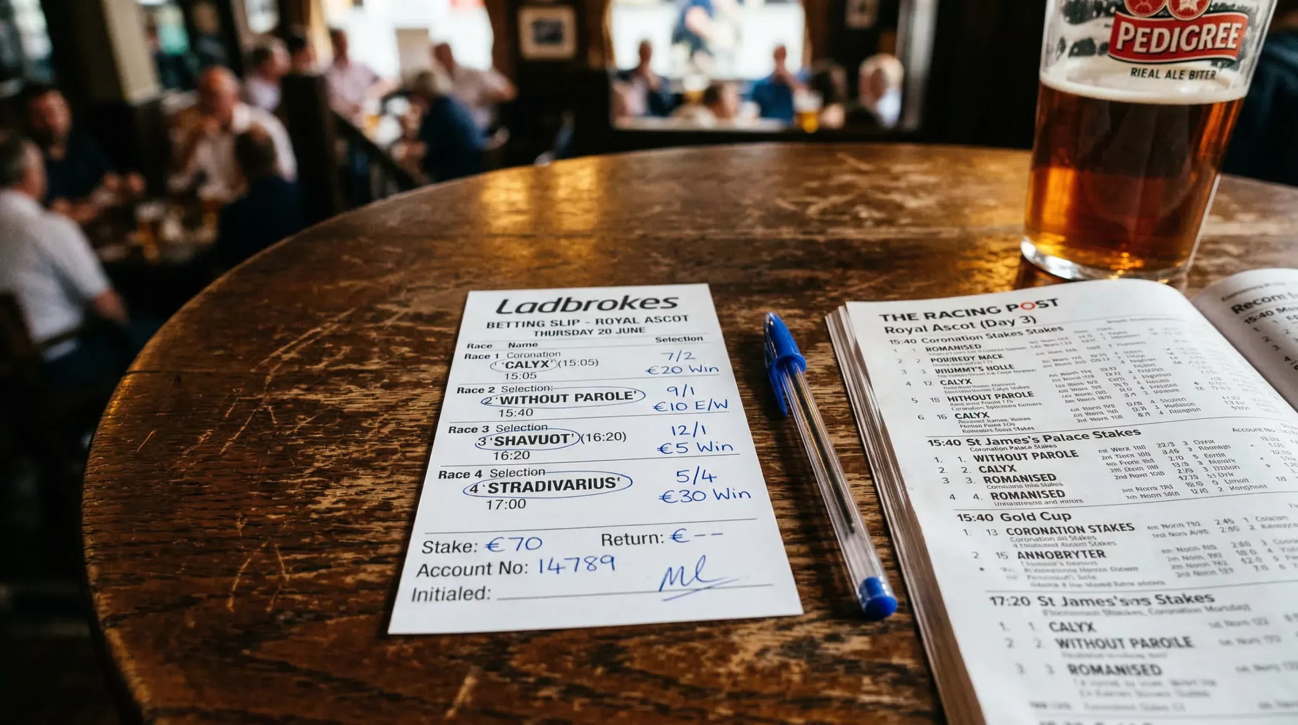 Betting slip with multiple horse racing selections circled alongside a pen and racing programme