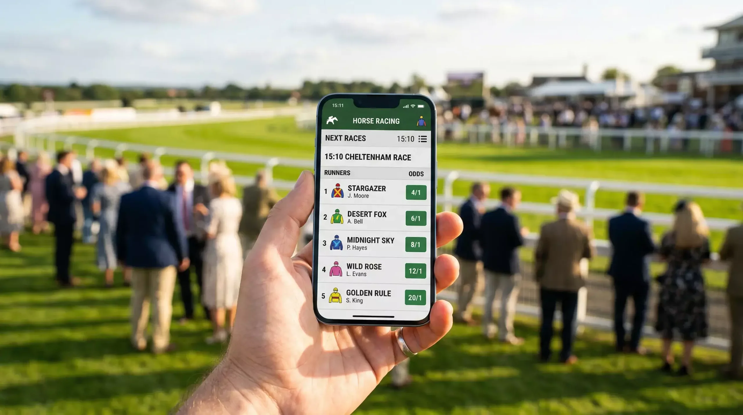 Horse racing betting apps UK — a hand holding a smartphone with a racing app at a sunlit racecourse