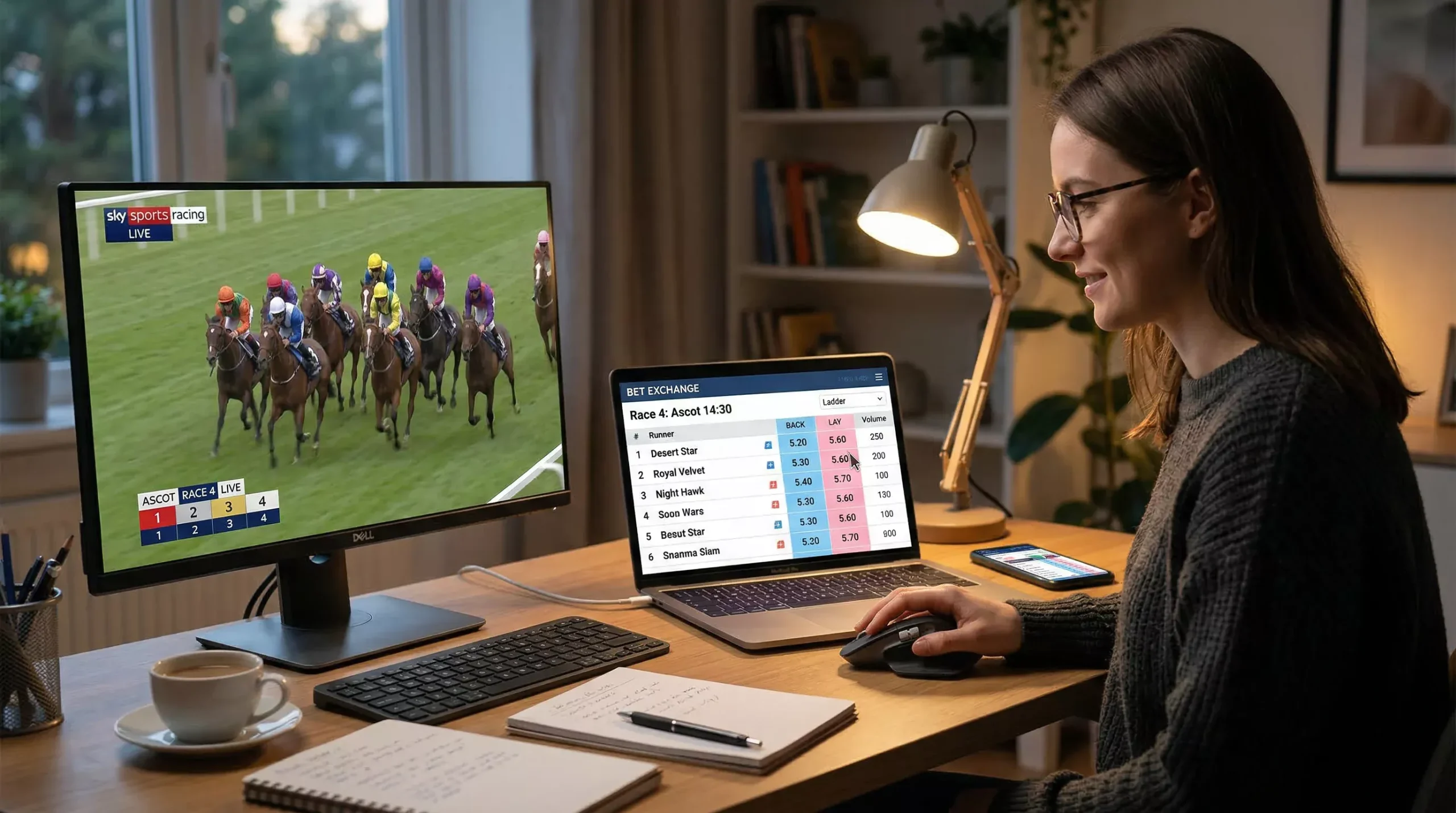 Person using a laptop to place a lay bet on a horse racing exchange platform
