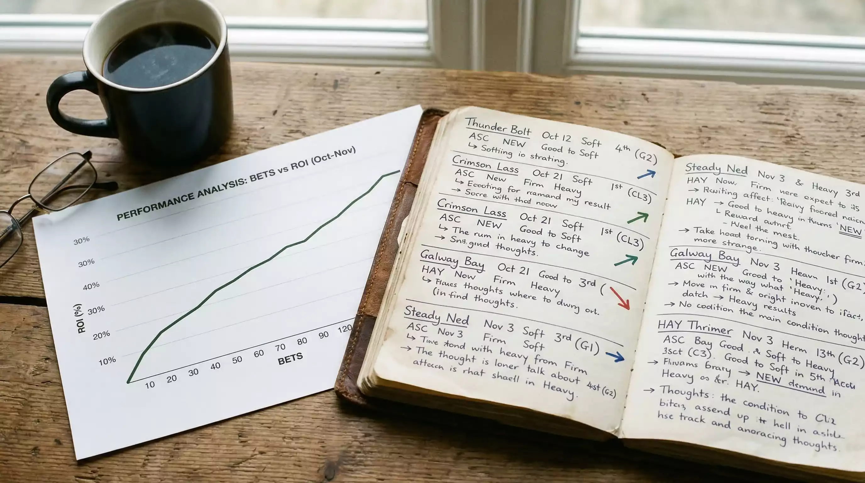 Notebook with horse racing form notes and a simple performance chart