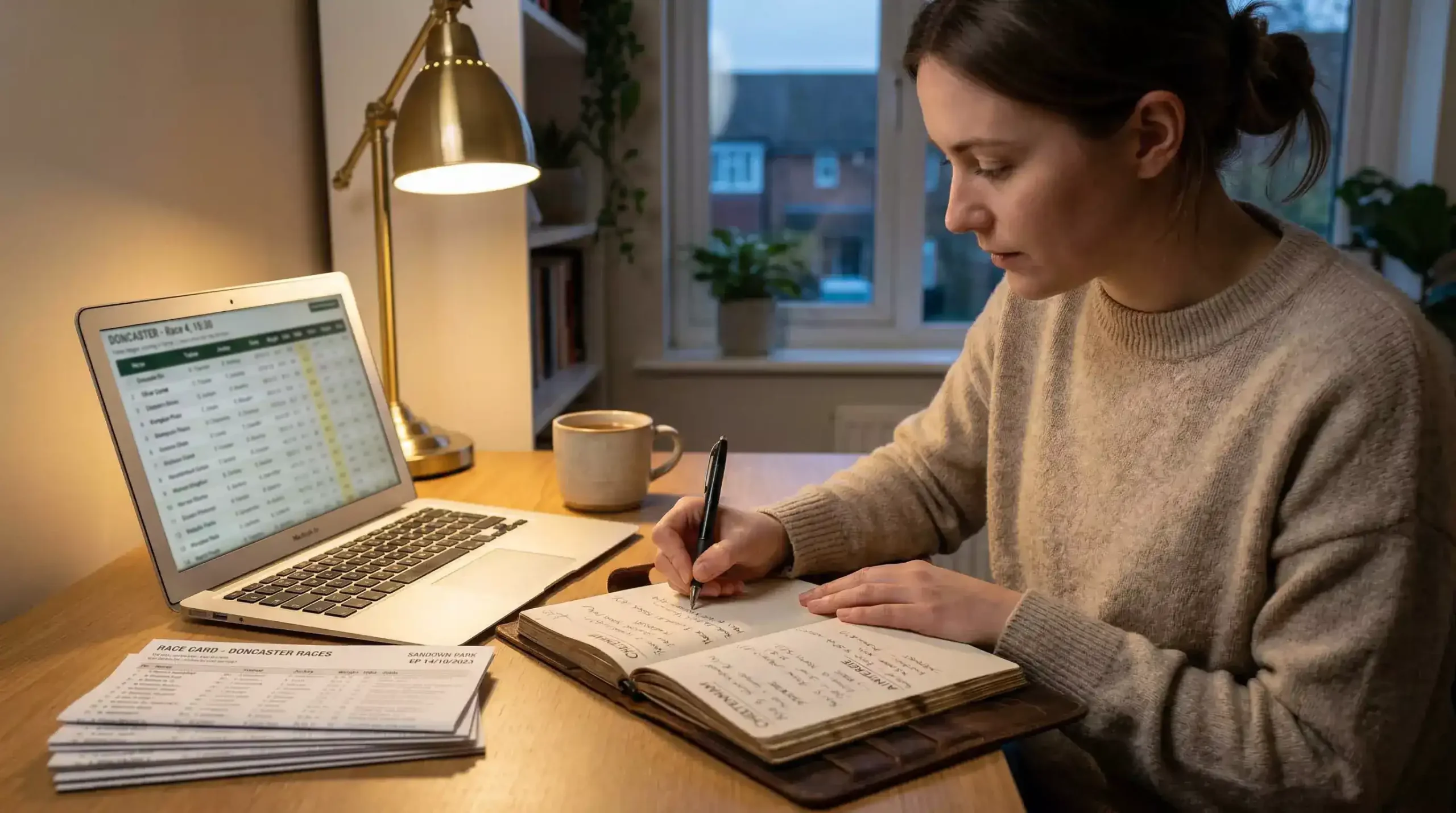 Person writing notes in a betting journal with a laptop showing horse racing form data