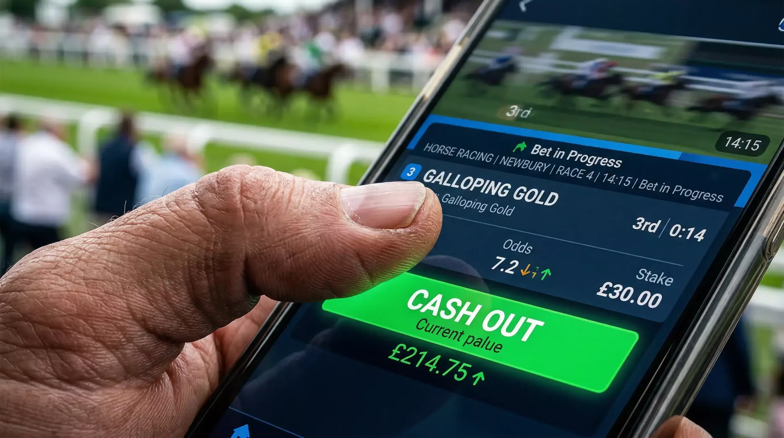 Close-up of a finger tapping a cash out button on a mobile betting app during a horse race