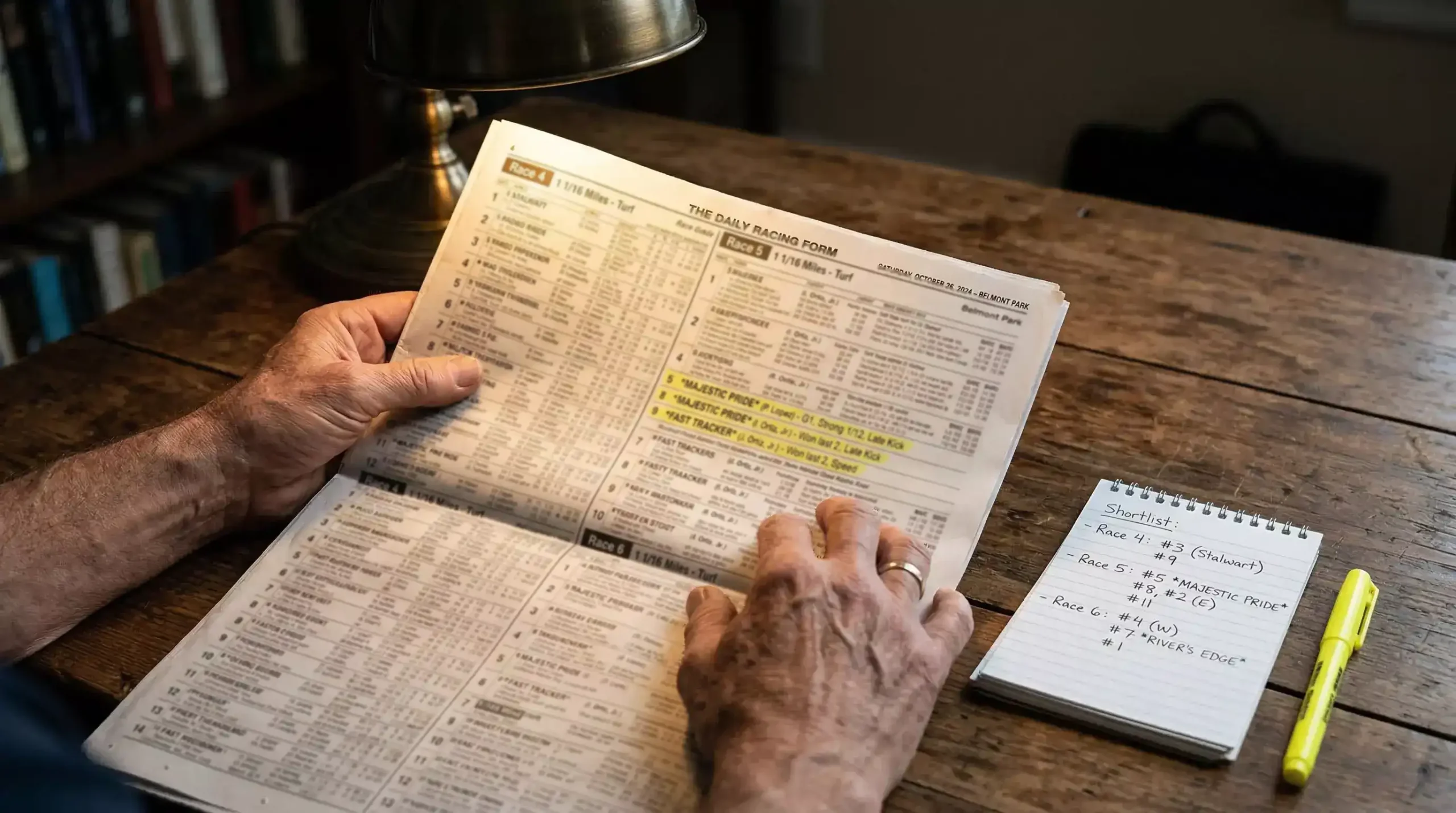 Person studying a horse racing form guide newspaper spread with notes and a highlighter pen