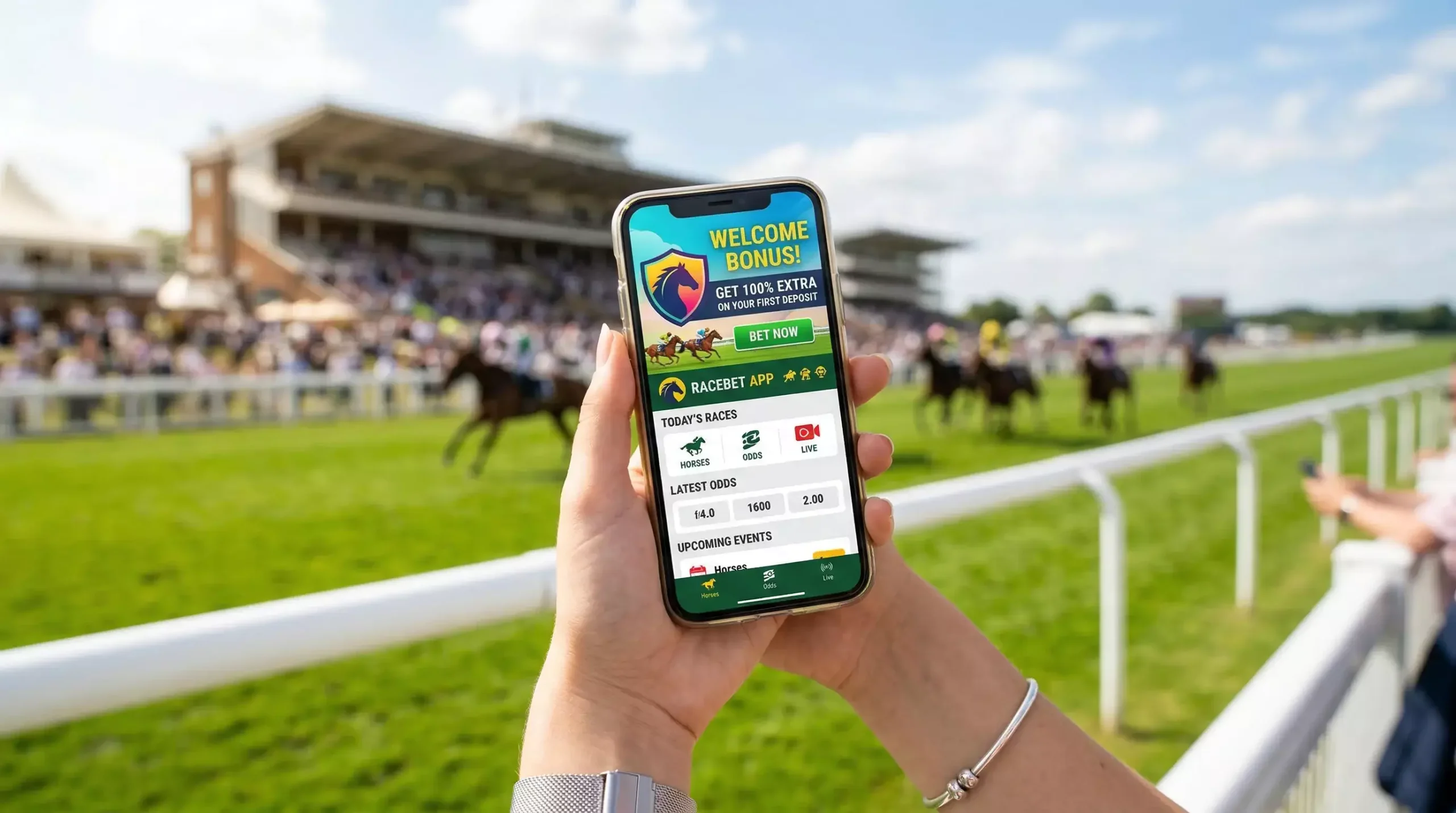 Hand holding a mobile phone showing a horse racing free bet offer with a racecourse background