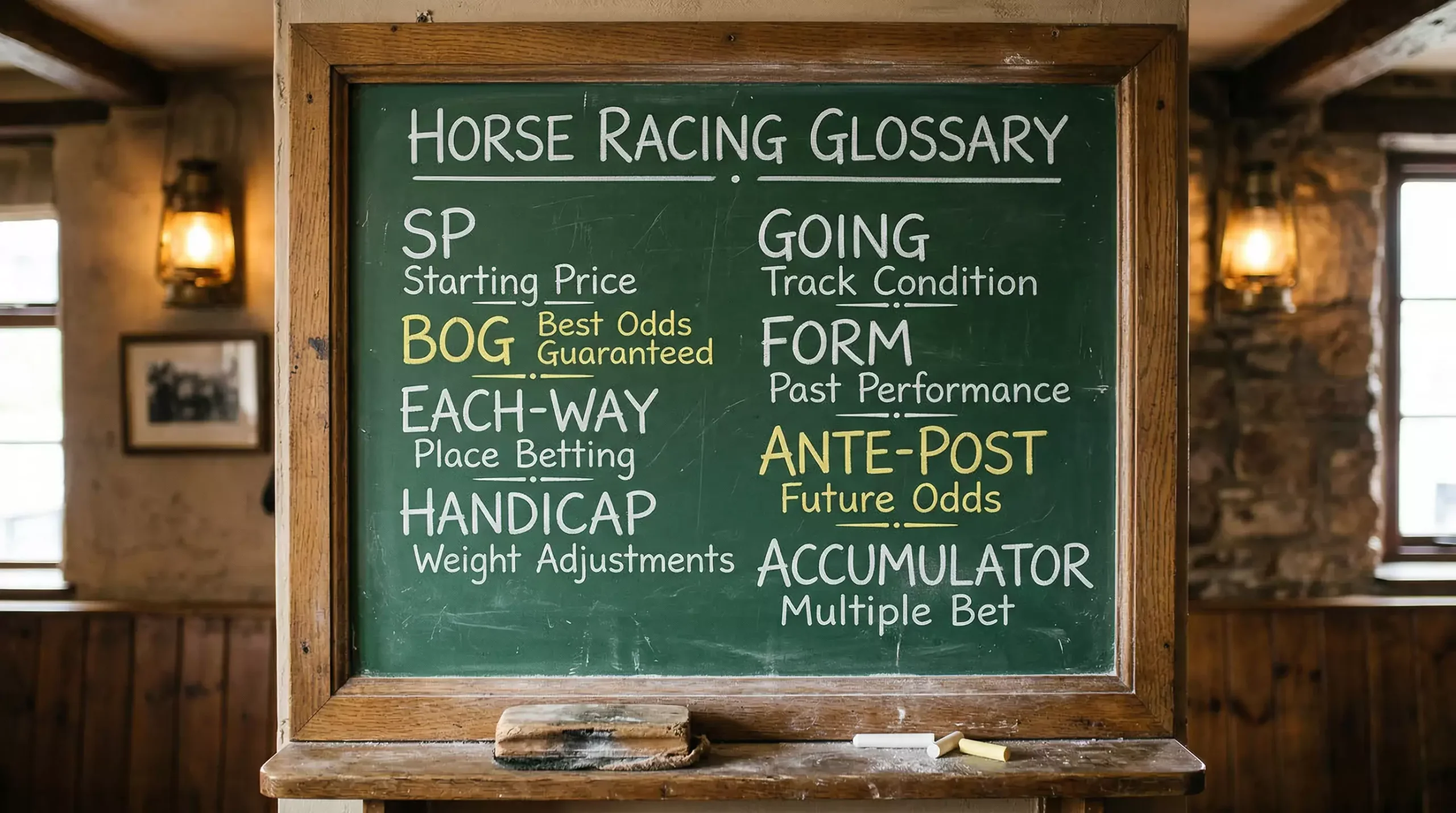 Vintage-style chalkboard with horse racing terms written in neat white lettering