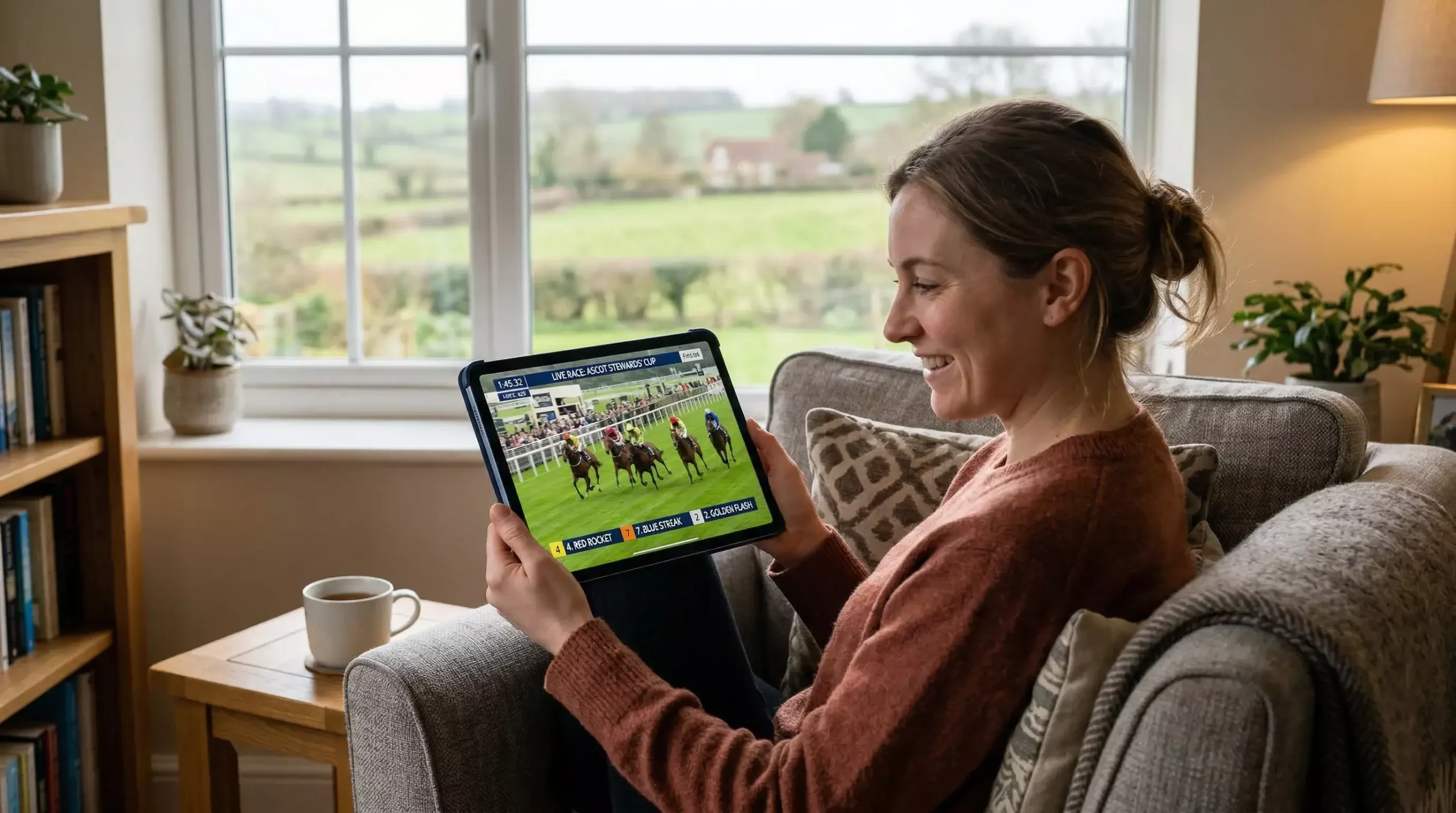 Person watching a live horse race on a tablet screen with a racecourse visible through a window