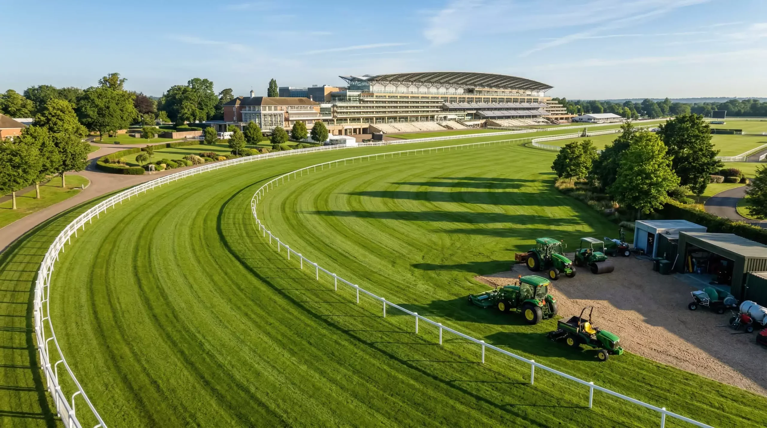 Aerial view of a well-maintained British racecourse with pristine green turf and white railings