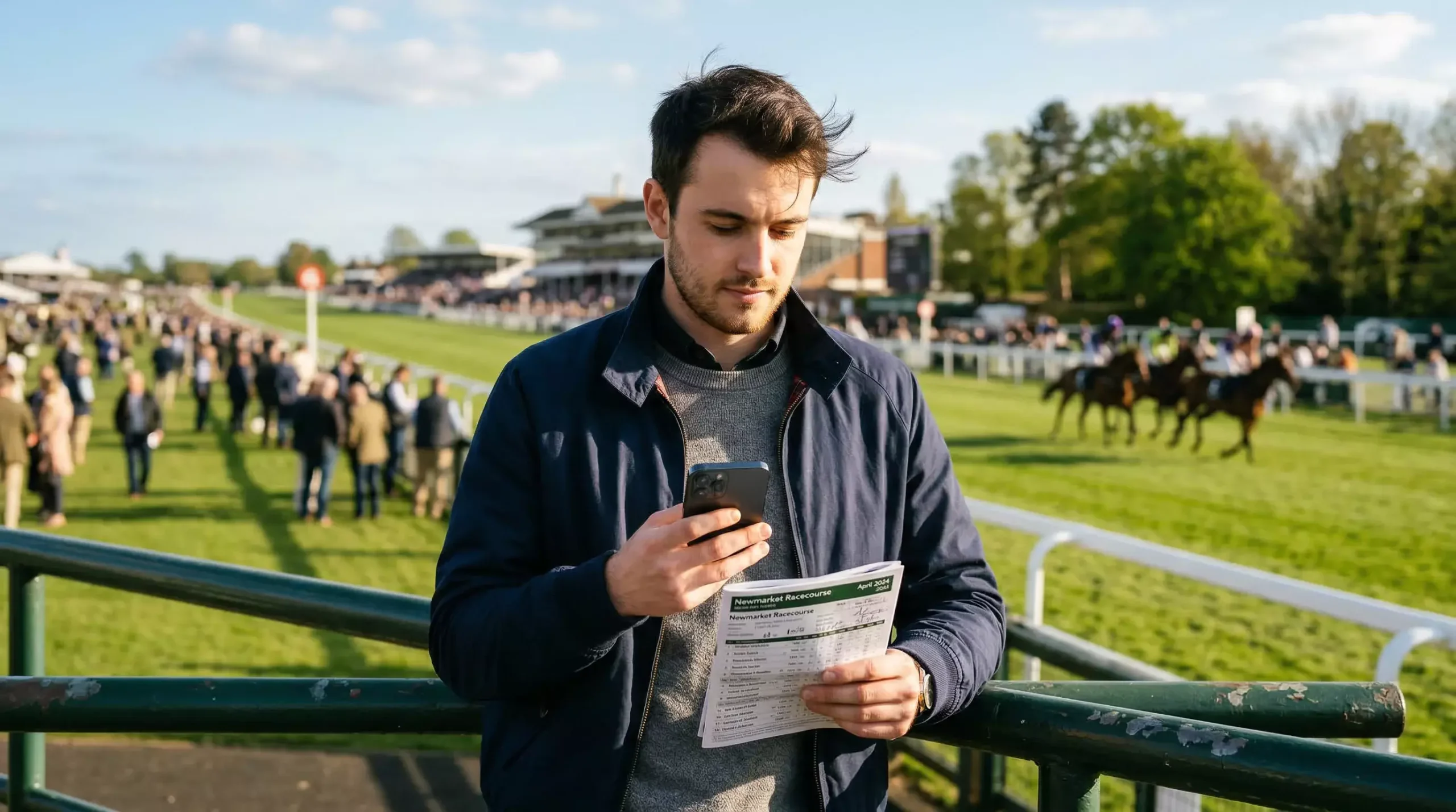 How to bet on horse racing online in the UK — a beginner placing a bet on a smartphone at a racecourse