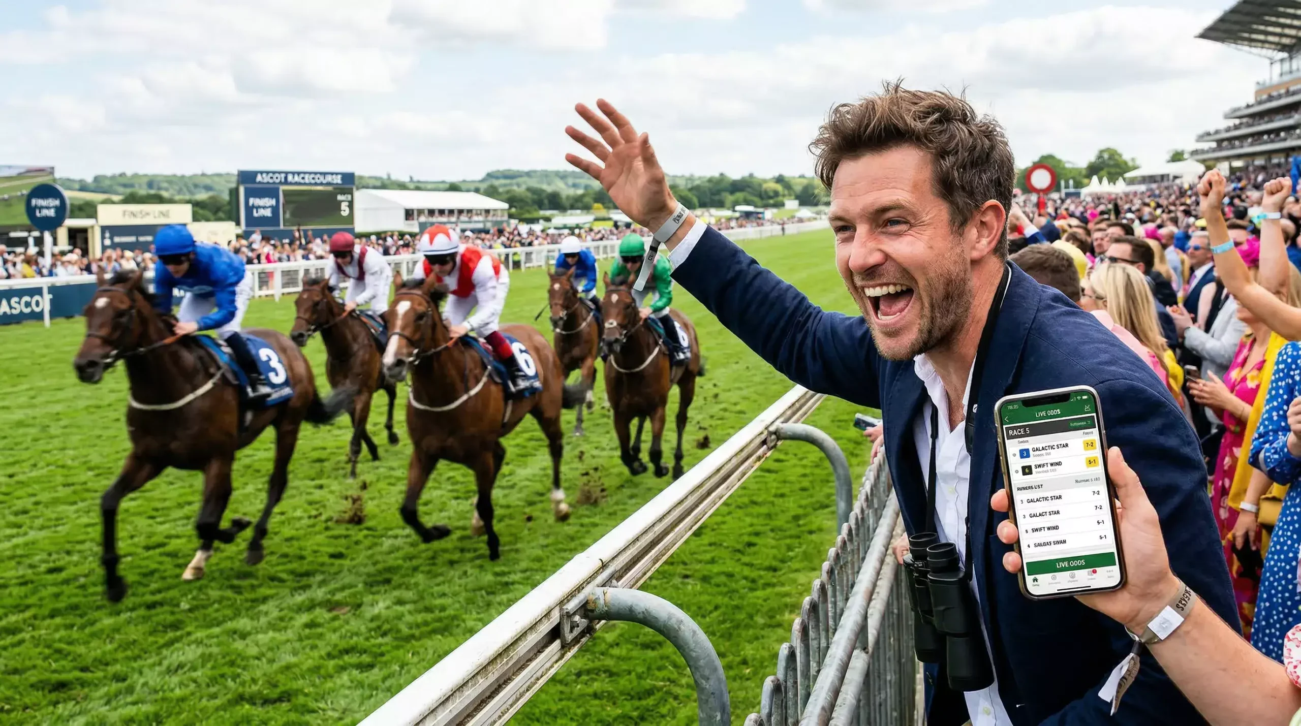 Excited racegoer watching horses gallop past while checking live odds on a smartphone
