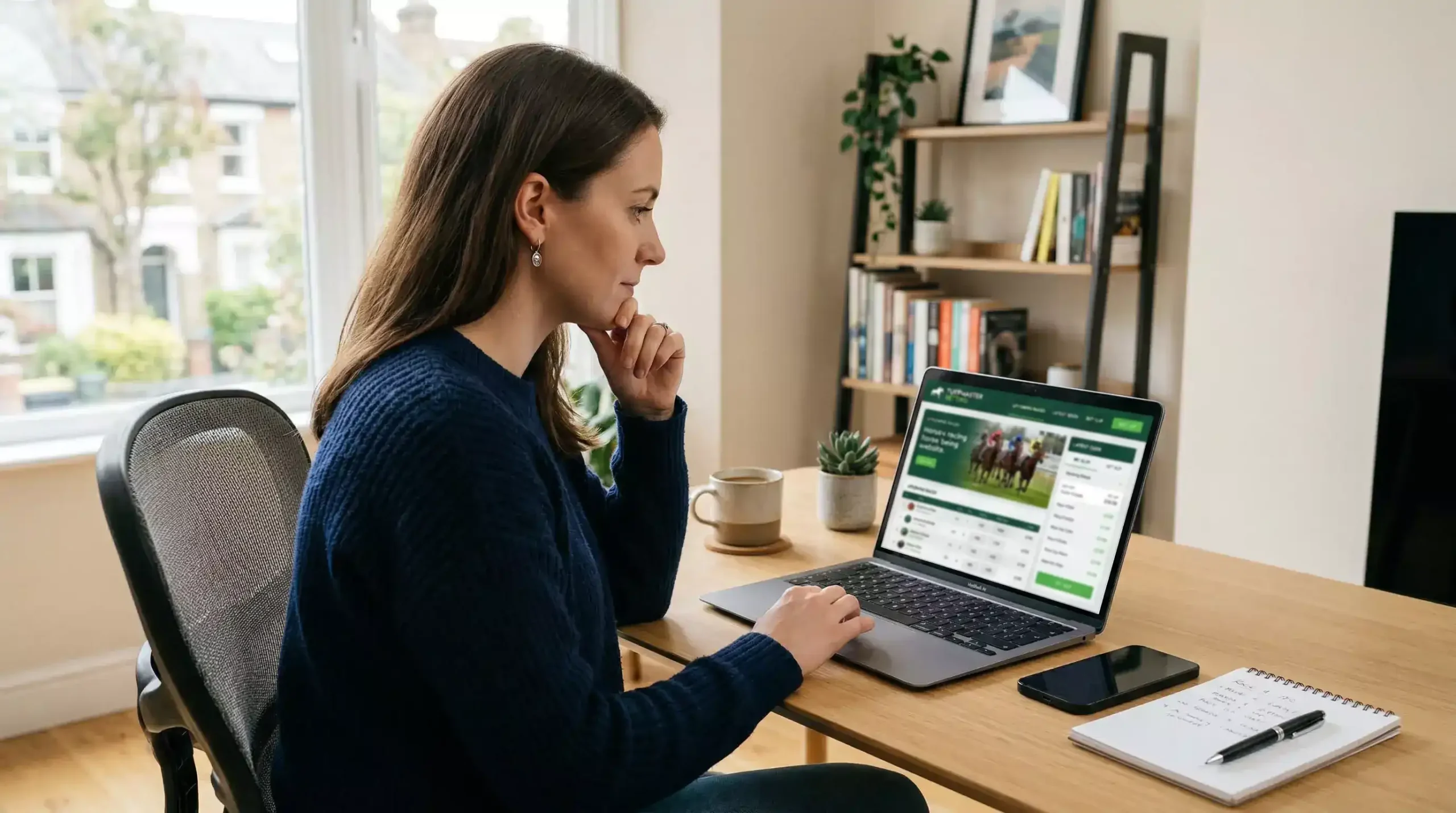 Person browsing a newly launched horse racing betting site on a modern laptop at a home desk