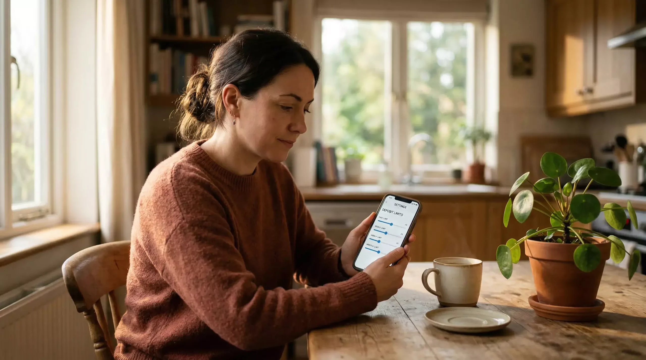 Calm scene of a person setting deposit limits on a betting app at a kitchen table