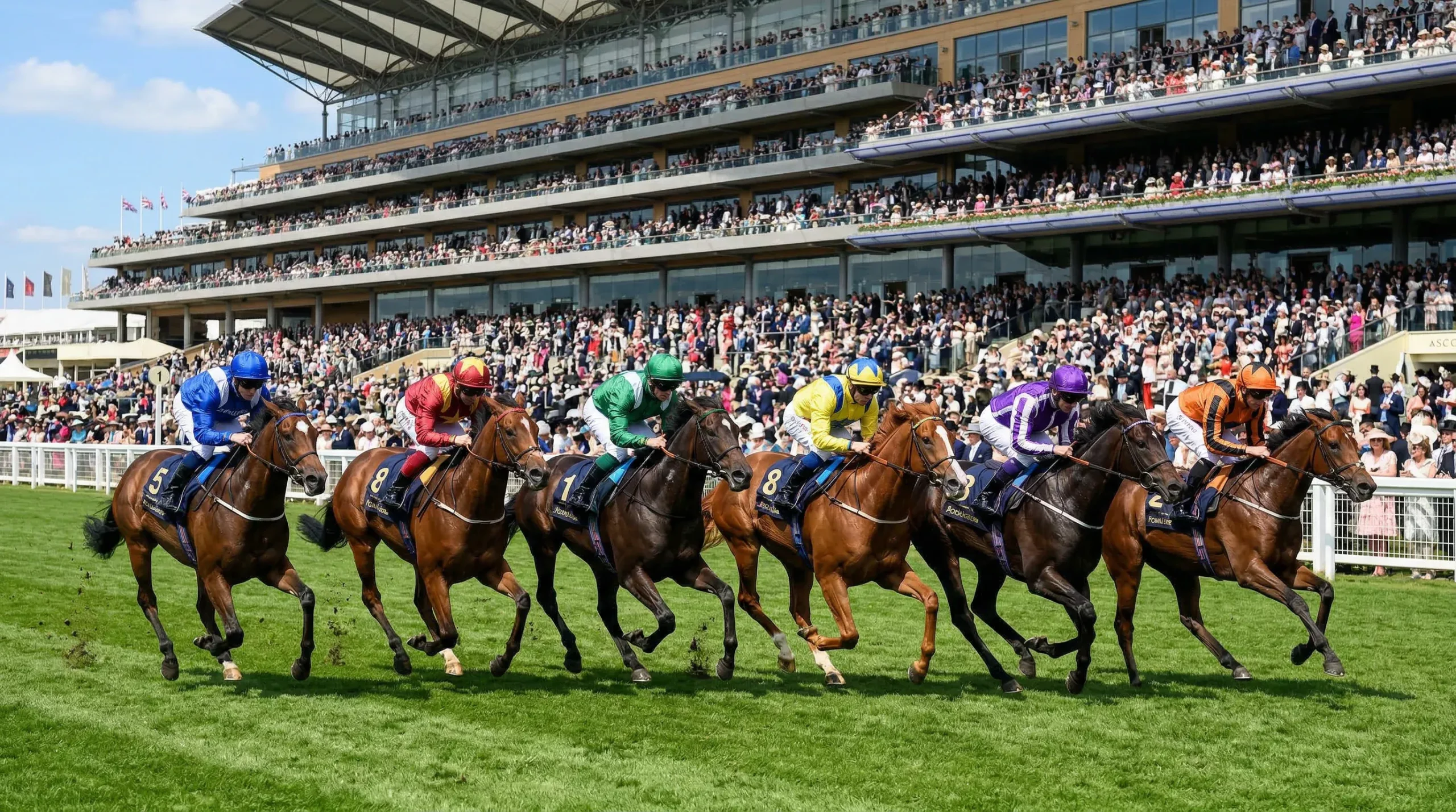 Horses thundering down the straight at Royal Ascot with the grandstand packed with spectators
