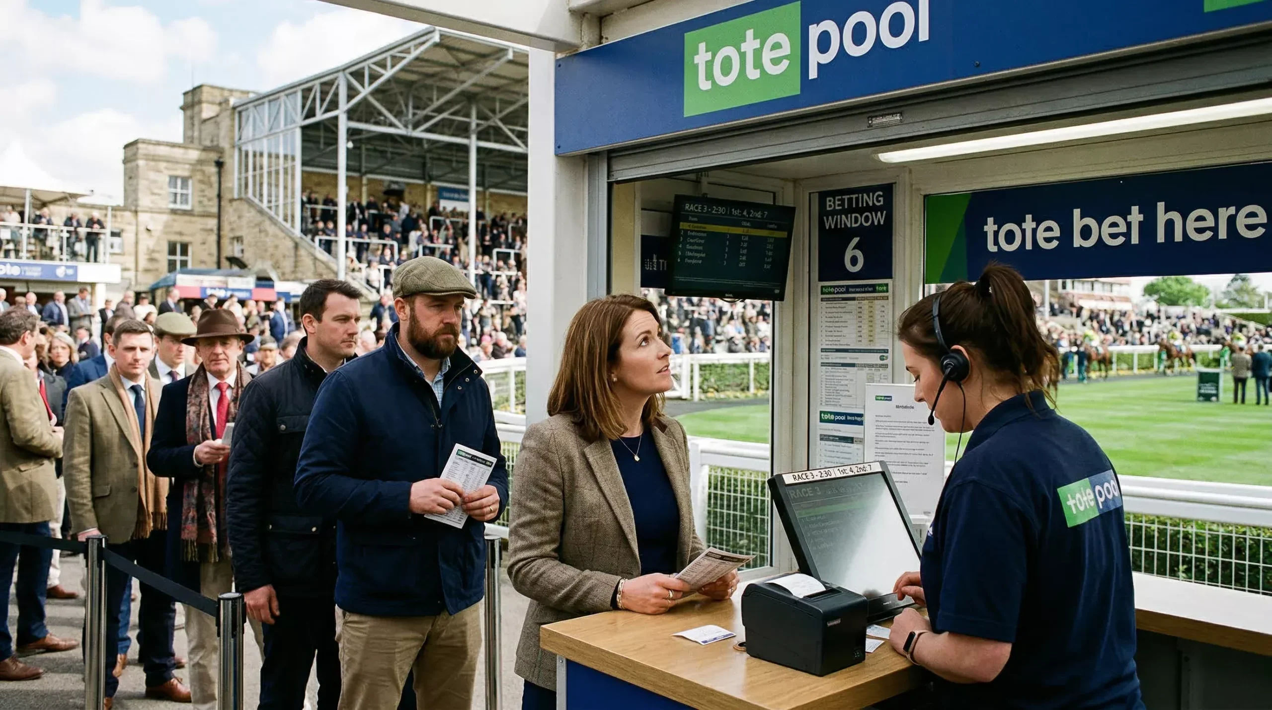 Tote pool betting window at a British racecourse with punters queueing on a race day