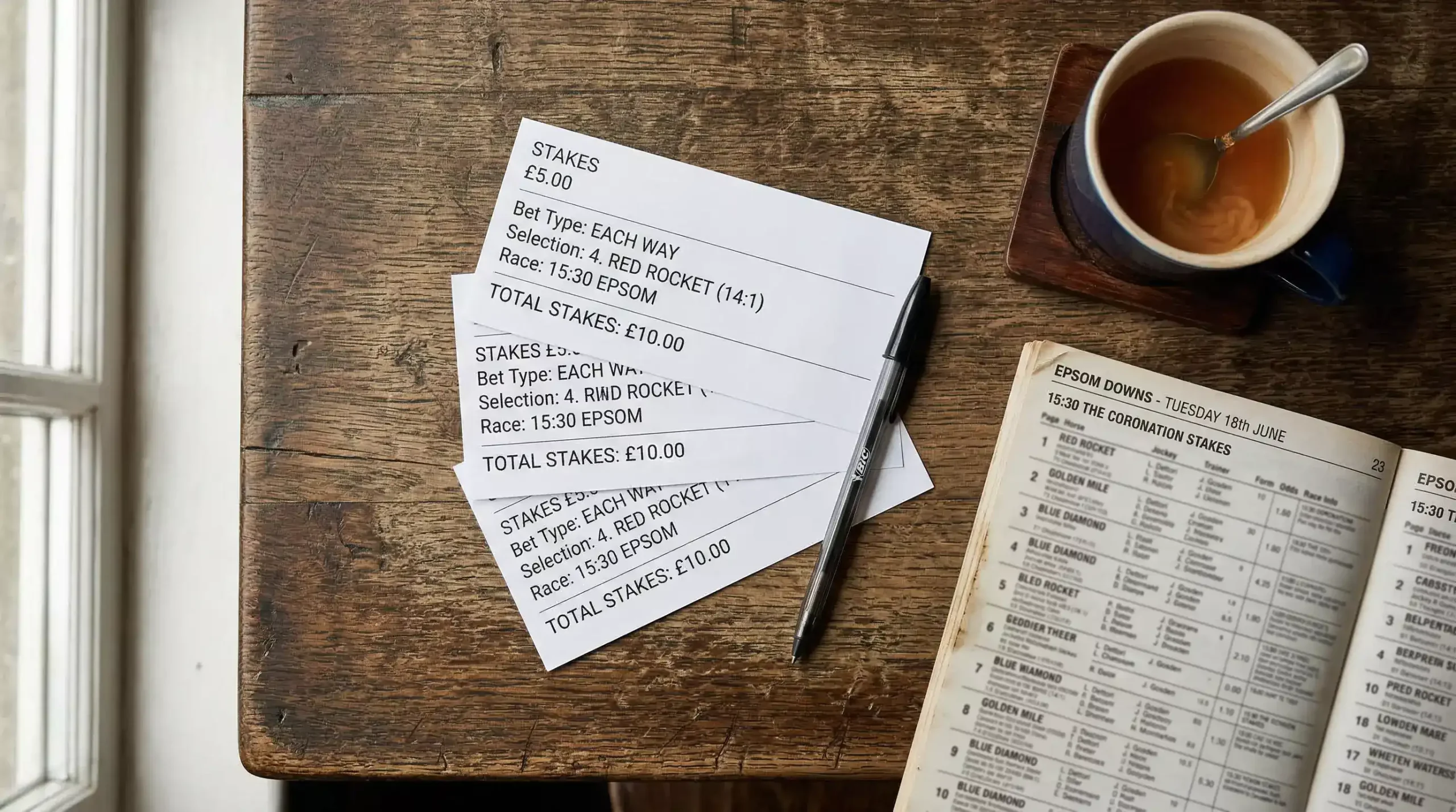 Selection of betting slips spread on a wooden table next to a racecourse programme