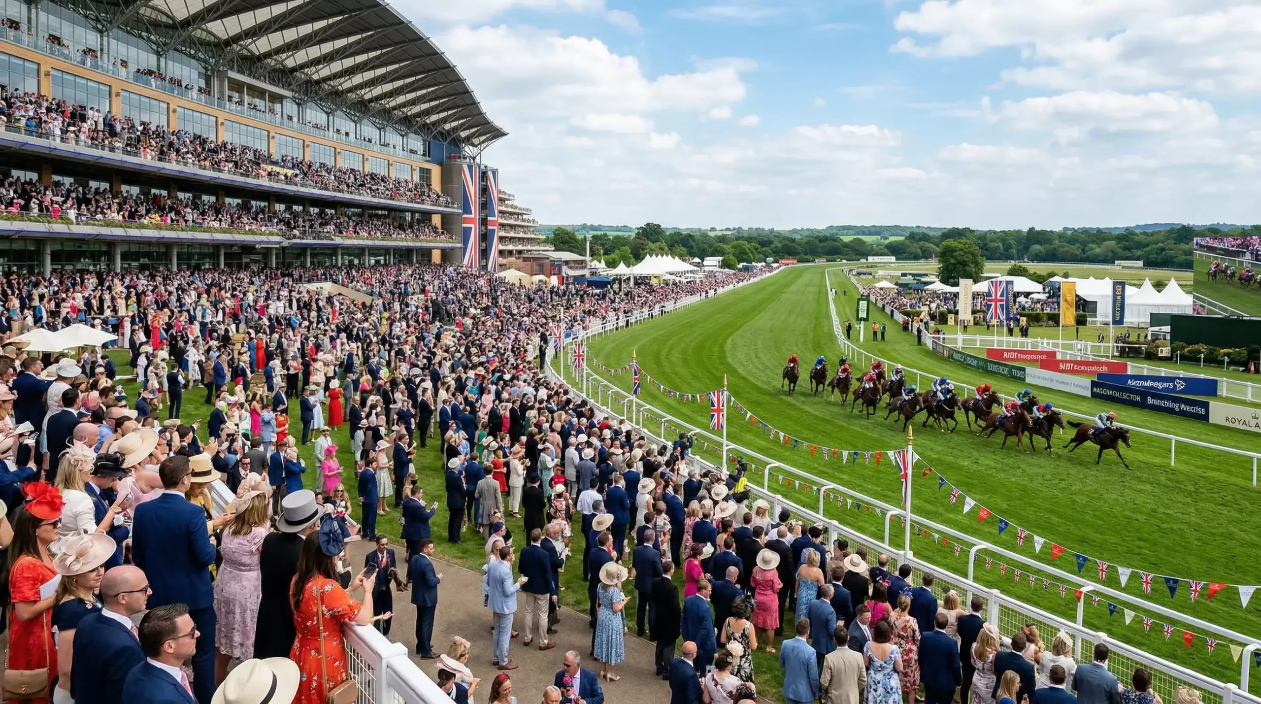 Panoramic view of a packed British racecourse on a sunny festival day with colourful crowd