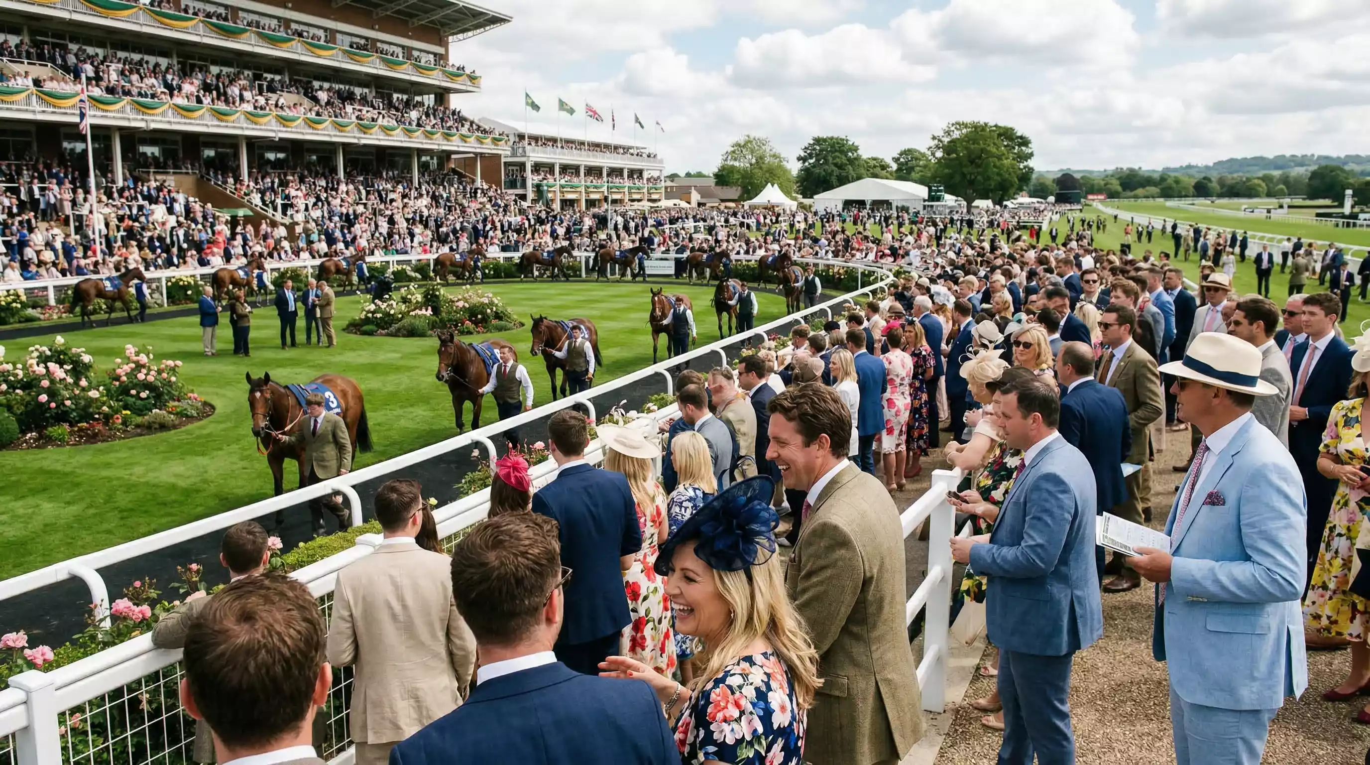 Crowd watching a major UK horse racing festival on a sunny afternoon