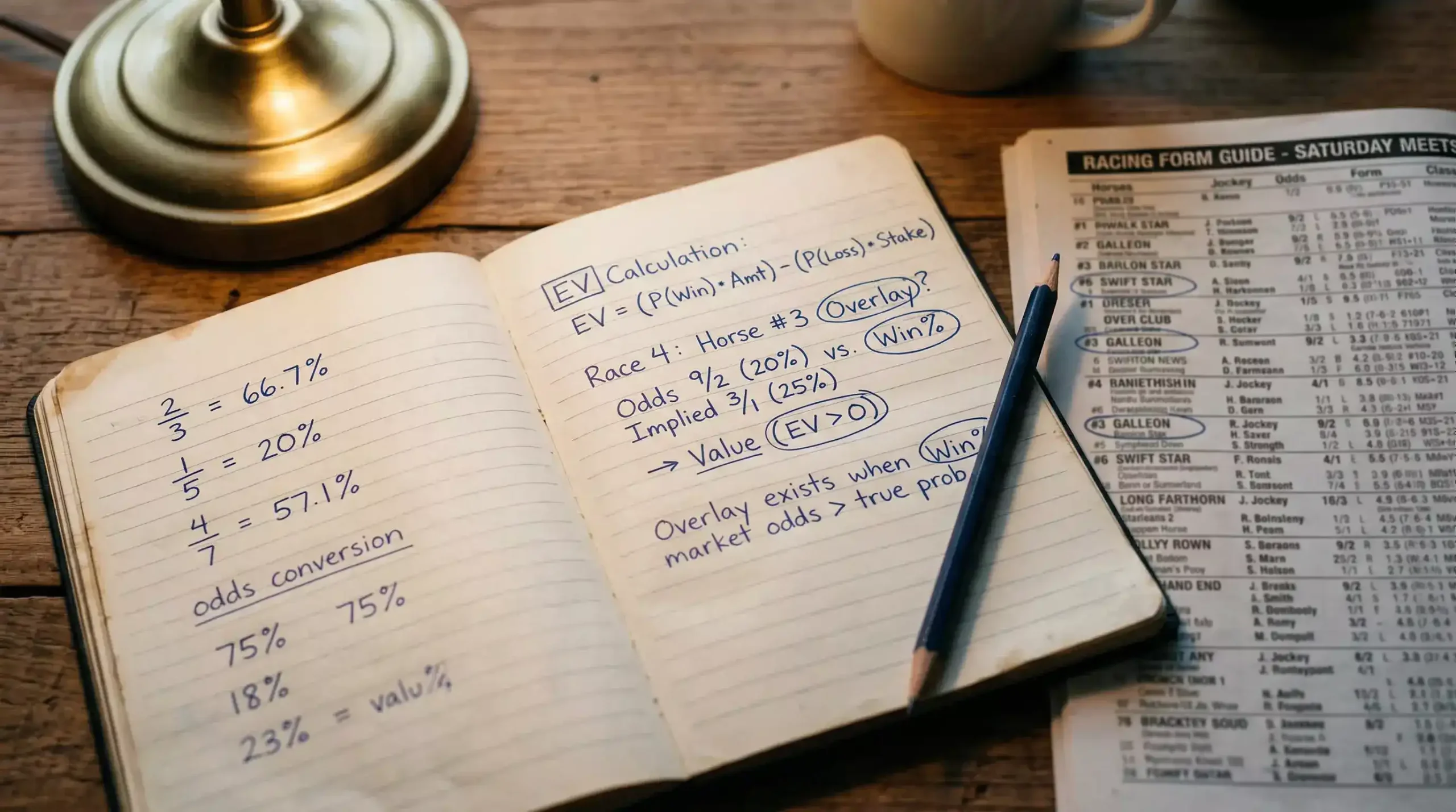 Notebook with handwritten expected value calculations next to a horse racing form guide