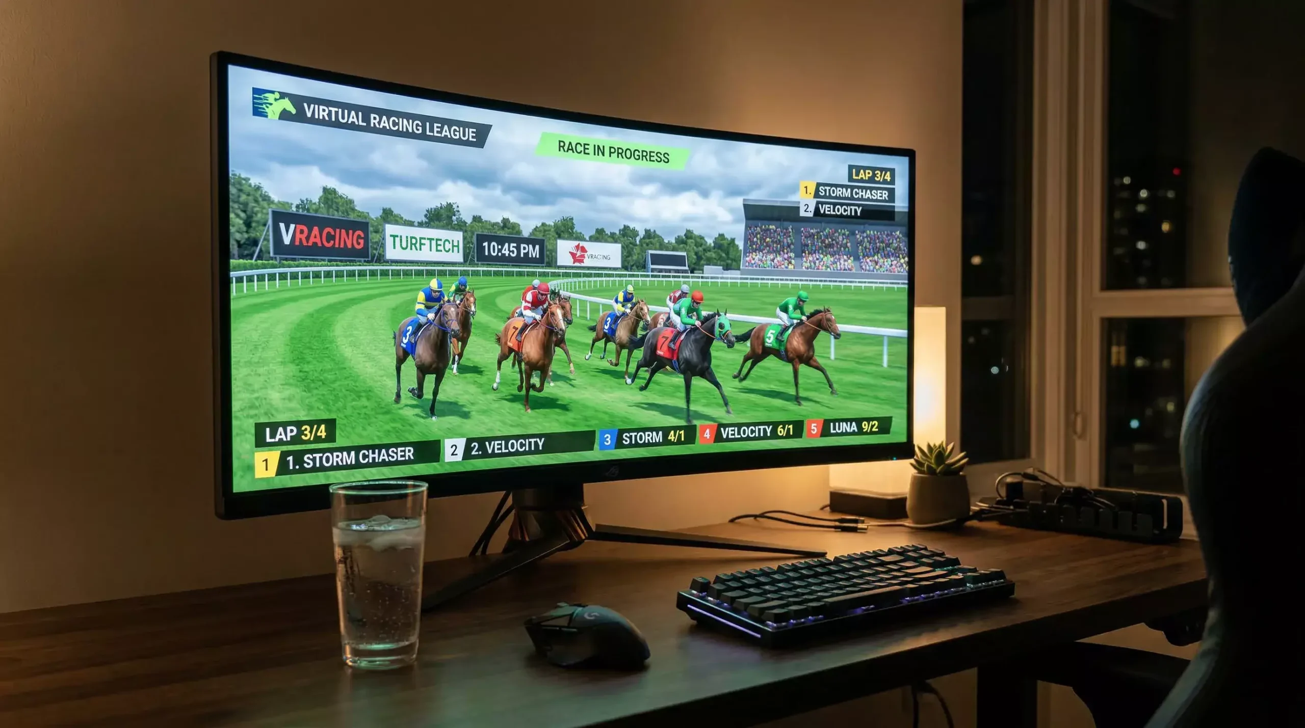 Computer monitor displaying a virtual horse racing simulation with colourful jockey silks